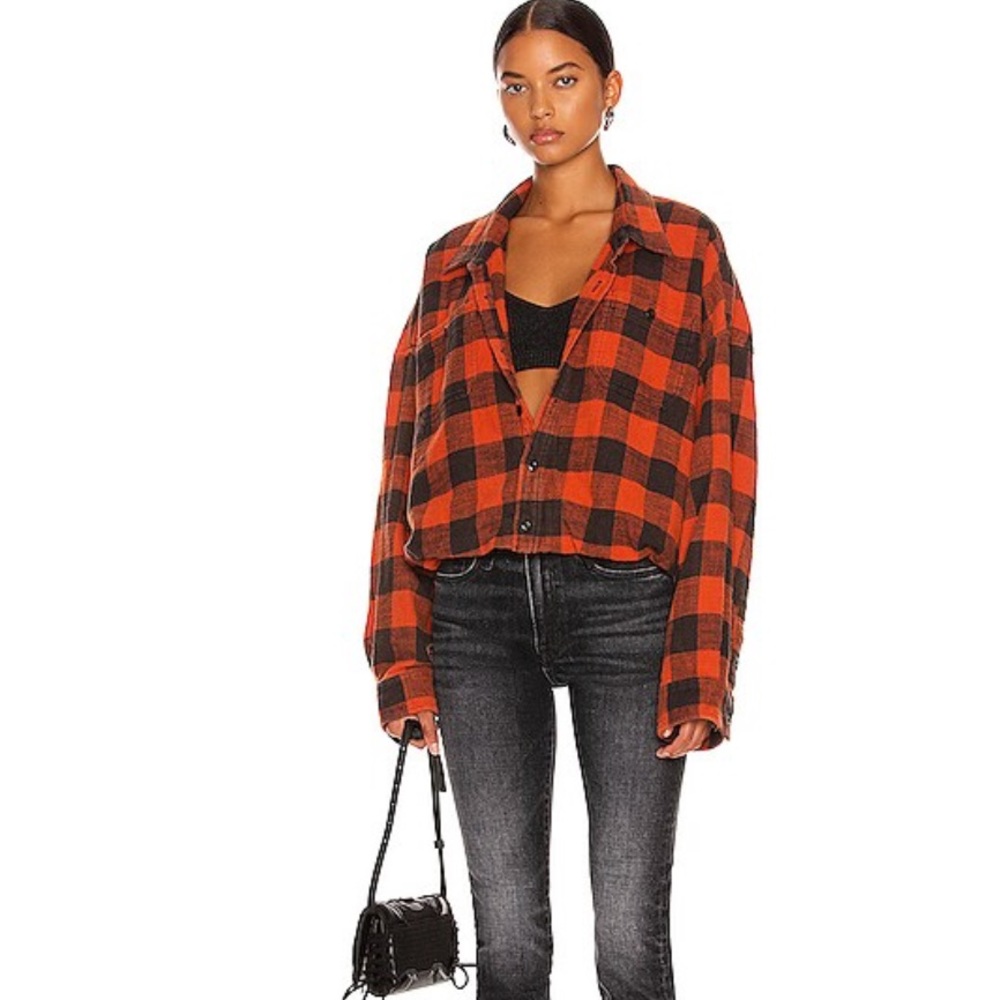 R13 Red and Black Buffalo Plaid Cropped Button-Up Shirt - Picture 13 of 14